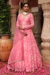 Buy_Laxmishriali_Peach Anarkali Georgette Printed Abstract Glass Neck Embroidered With Dupatta _at_Aza_Fashions