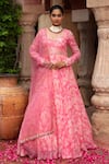 Laxmishriali_Peach Anarkali Georgette Printed Abstract Glass Neck Embroidered With Dupatta _Online_at_Aza_Fashions