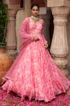 Shop_Laxmishriali_Peach Anarkali Georgette Printed Abstract Glass Neck Embroidered With Dupatta _Online_at_Aza_Fashions