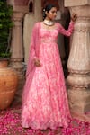 Laxmishriali_Peach Anarkali Georgette Printed Abstract Glass Neck Embroidered With Dupatta _at_Aza_Fashions