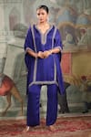 Buy_Laxmishriali_Blue Crepe Pant Embroidered Sequin Notched Kaftan And Set _at_Aza_Fashions