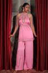 Buy_Laxmishriali_Pink Crepe Satin Embroidered Pearl High Round And Bead Halter Neck Top & Pant Set _at_Aza_Fashions