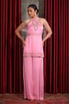 Buy_Laxmishriali_Pink Crepe Satin Embroidered Pearl High Round And Bead Halter Neck Top & Pant Set _Online_at_Aza_Fashions