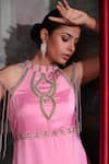 Laxmishriali_Pink Crepe Satin Embroidered Pearl High Round And Bead Halter Neck Top & Pant Set _at_Aza_Fashions