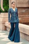 Buy_Ritika Mirchandani_Blue Crepe Embroidery Bloom V Neck Iris Jacket Kurta With Gharara _at_Aza_Fashions