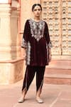 Buy_Ajiesh Oberoi_Wine Velvet Embroidered Floral Notched Kurta Dhoti Pant Set _Online_at_Aza_Fashions