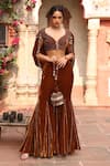 Buy_Ajiesh Oberoi_Gold Velvet Embroidered Beads Leaf Back Cowl Draped Blouse With Sharara _at_Aza_Fashions