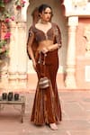 Buy_Ajiesh Oberoi_Gold Velvet Embroidered Beads Leaf Back Cowl Draped Blouse With Sharara _Online_at_Aza_Fashions