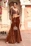 Shop_Ajiesh Oberoi_Gold Velvet Embroidered Beads Leaf Back Cowl Draped Blouse With Sharara _Online_at_Aza_Fashions