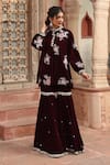 Buy_Ajiesh Oberoi_Wine Velvet Embroidered Beads Mandarin Floral Kurta And Sharara Set _at_Aza_Fashions