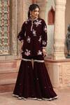 Shop_Ajiesh Oberoi_Wine Velvet Embroidered Beads Mandarin Floral Kurta And Sharara Set _at_Aza_Fashions