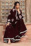 Ajiesh Oberoi_Wine Velvet Embroidered Beads Mandarin Floral Kurta And Sharara Set _Online_at_Aza_Fashions