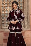 Buy_Ajiesh Oberoi_Wine Velvet Embroidered Beads Mandarin Floral Kurta And Sharara Set _Online_at_Aza_Fashions