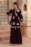 Shop_Ajiesh Oberoi_Wine Velvet Embroidered Beads Mandarin Floral Kurta And Sharara Set _Online_at_Aza_Fashions