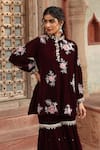 Ajiesh Oberoi_Wine Velvet Embroidered Beads Mandarin Floral Kurta And Sharara Set _at_Aza_Fashions