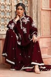 Buy_Ajiesh Oberoi_Wine Velvet Embroidered Beads Mandarin Floral Kurta And Sharara Set 