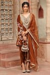 Buy_Ajiesh Oberoi_Brown Velvet Embroidered Gota Lace V-neck Kurta Dhoti Pant Set _at_Aza_Fashions