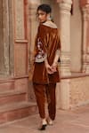 Shop_Ajiesh Oberoi_Brown Velvet Embroidered Gota Lace V-neck Kurta Dhoti Pant Set _at_Aza_Fashions