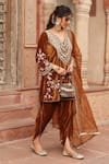 Shop_Ajiesh Oberoi_Brown Velvet Embroidered Gota Lace V-neck Kurta Dhoti Pant Set _Online_at_Aza_Fashions