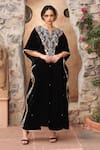 Buy_Ajiesh Oberoi_Black Velvet Embroidered Floral Notched Kaftan And Palazzo Set _at_Aza_Fashions