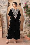 Buy_Ajiesh Oberoi_Black Velvet Embroidered Floral Notched Kaftan And Palazzo Set _Online_at_Aza_Fashions