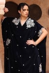 Shop_Ajiesh Oberoi_Blue Velvet Embroidered Beads V-neck Flower Kaftan And Pant Set _Online_at_Aza_Fashions