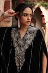 Shop_Ajiesh Oberoi_Black Velvet Embroidery Floral V-neck Bodice Kaftan _Online_at_Aza_Fashions