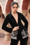 Shop_Ajiesh Oberoi_Black Velvet Embroidered Deer Motif Lapel Blazer And Pant Set _at_Aza_Fashions