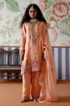 Buy_Pooja Singhal_Peach Kurta And Pant Silk Embroidery Marori Notched Set _at_Aza_Fashions