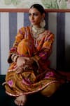 Buy_Pooja Singhal_Orange Kurta And Pant Tissue Print Fringe Lace Notched Paithani A-line Set _Online_at_Aza_Fashions