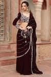 Ajiesh Oberoi_Wine Velvet Embroidered Floral Leaf Pre-draped Sharara Saree With Blouse _Online_at_Aza_Fashions