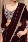 Ajiesh Oberoi_Wine Velvet Embroidered Floral Leaf Pre-draped Sharara Saree With Blouse _at_Aza_Fashions