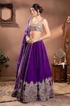 wildflower by krishna_Purple Munga Silk Embroidery Floral Scoop Neck Hand Lehenga Set _Online_at_Aza_Fashions