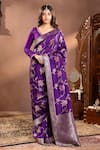 Buy_wildflower by krishna_Purple Silk Woven Rosette Paan Neck Pattern Saree Set _at_Aza_Fashions