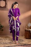 Buy_wildflower by krishna_Purple Munga Silk Woven Dupatta Floral Round Neck Plain Kurta Set With Pattern _at_Aza_Fashions