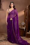 Buy_wildflower by krishna_Purple Organza Embroidery Floral Scoop Neck Hand Saree Set _at_Aza_Fashions