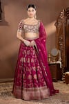 Buy_wildflower by krishna_Wine Silk Woven Floral Scoop Neck Rosette Pattern Lehenga Set _at_Aza_Fashions