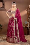 wildflower by krishna_Wine Silk Woven Floral Scoop Neck Rosette Pattern Lehenga Set _Online_at_Aza_Fashions