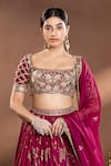 wildflower by krishna_Wine Silk Woven Floral Scoop Neck Rosette Pattern Lehenga Set _at_Aza_Fashions