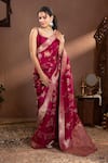 Buy_wildflower by krishna_Wine Silk Woven Rose Bloom Scoop Neck Pattern Saree Set _at_Aza_Fashions