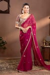 Buy_wildflower by krishna_Wine Organza Embroidery Floral Scoop Neck Hand Saree Set _at_Aza_Fashions