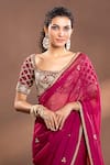 wildflower by krishna_Wine Organza Embroidery Floral Scoop Neck Hand Saree Set _Online_at_Aza_Fashions