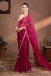 Buy_wildflower by krishna_Wine Organza Embroidery Floral Scoop Neck Hand Saree Set _Online_at_Aza_Fashions