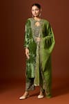 Buy_Yoshita Couture_Green Silk Velvet Embroidered Sequin Key Hole Myrna Floral Kurta Pant Set _at_Aza_Fashions