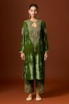 Shop_Yoshita Couture_Green Silk Velvet Embroidered Sequin Key Hole Myrna Floral Kurta Pant Set _Online_at_Aza_Fashions