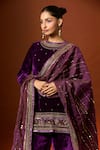 Yoshita Couture_Purple Silk Velvet Embroidered Floral Round Samira Short Kurta Set _Online_at_Aza_Fashions