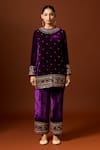 Shop_Yoshita Couture_Purple Silk Velvet Embroidered Floral Round Samira Short Kurta Set _Online_at_Aza_Fashions