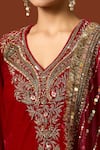 Buy_Yoshita Couture_Red Silk Velvet Embroidered Sequin V Neck Zinia Paisley Kurta Set _Online_at_Aza_Fashions