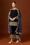 Yoshita Couture_Blue Silk Velvet Embroidered Sequin Round Amal Kurta Set _Online_at_Aza_Fashions