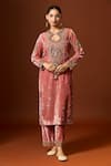 Yoshita Couture_Pink Silk Velvet Embroidered Sequin Key Hole Raha Floral Kurta With Pant _Online_at_Aza_Fashions